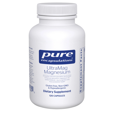 A Supplement container with the name UltraMag Magnesium by Pure Encapsulations.