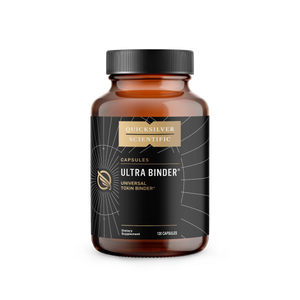 A Supplement container with the name Ultra Binder Universal Toxin Binder 120 Caps by Quicksilver.