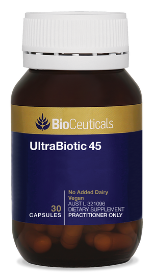 BioCeuticals UltraBiotic 45 30 capsules. Glass amber bottle with blue and gold label.
