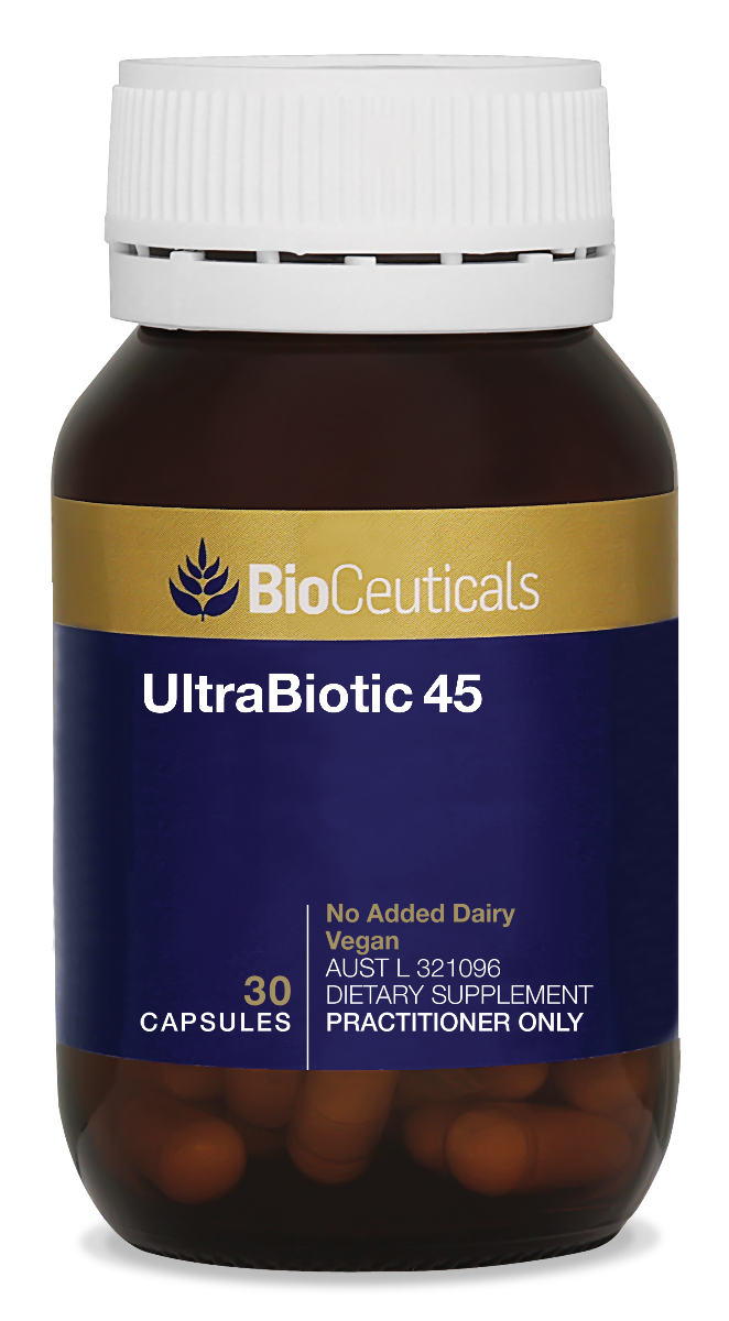 BioCeuticals UltraBiotic 45 30 capsules. Glass amber bottle with blue and gold label.