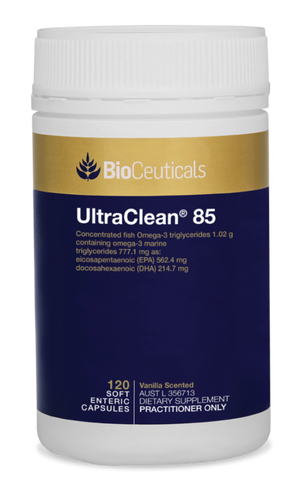 BioCeuticals UltraClean 85 Omega 3 Fish oil product bottle image of 120 capsules. Blue and gold bottle image.