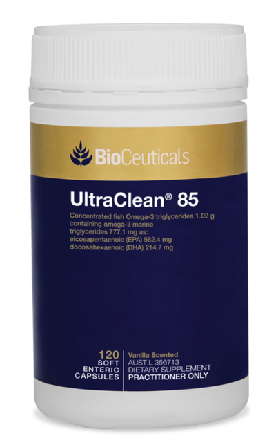 BioCeuticals UltraClean 85 Omega 3 Fish oil product bottle image of 120 capsules. Blue and gold bottle image.