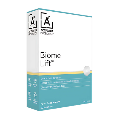 A box of probiotics call Biome Lift. Green and white box.