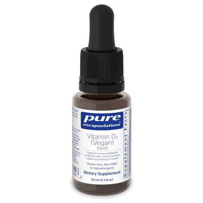A Supplement container with the name Vitamin D3 (vegan) Liquid (1000IU) by Pure Encapsulations.