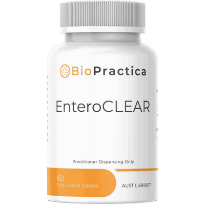 A Supplement container with the name EnteroCLEAR by BioPractica.