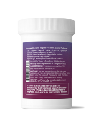 Image of back label describing suggested use and product description for Vaginal Health by Microiome lab, 60 caps