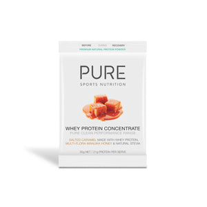 A Supplement container with the name Whey Protein Concentrate (Salted Caramel) by Pure Sports Nutrition.