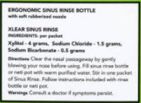 Supplement facts for Sinus Rinse Bottle with Solution (6 packets) listing ingredients including Sodium, Sodium bicarbonate, Xylitol