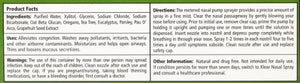 Supplement facts for Rescue Nasal Spray 45ml listing ingredients including Beta Glucan, Eucalyptus Oil, Glycine, Grapefruit, Lemon Balm