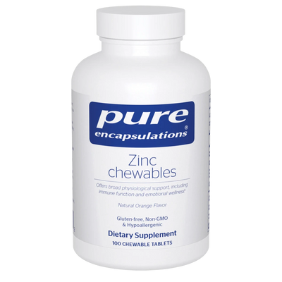 A Supplement container with the name Zinc Chewable Natural Orange flavour by Pure Encapsulations.