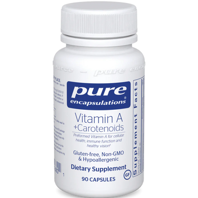 A Supplement container with the name Vitamin A + Carotenoids by Pure encapsulations.
