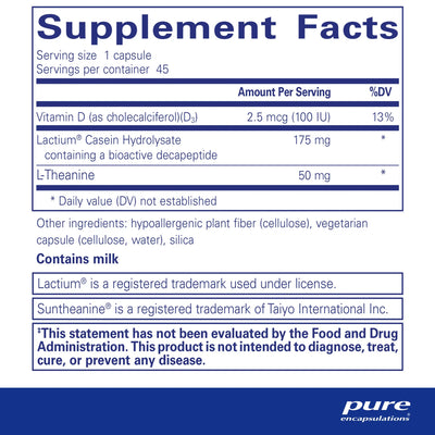 Text describing the ingredients: Vitaman D, Lactium Casein Hydrolysate, L-Theanine.