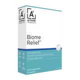 The front of box of Activated Probiotics probiotics called Biome Relief, blue and white.