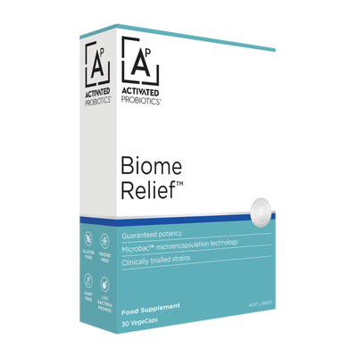 The front of box of Activated Probiotics probiotics called Biome Relief, blue and white.