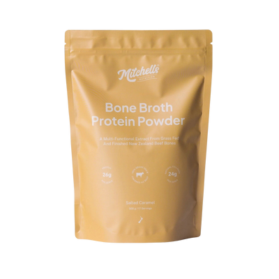A Supplement pouch with the name Bone Broth Protein Powder (Salted Caramel) by Mitchell's Nutrition. 