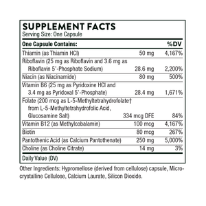 Ingredients including Thiamin HCI, Riboflavin 5 Phosphate, Niacin, Niacinamide, Vitamin B6, Pyridoxine HCI, Pyridoxal 5 Phosphate, Folate, L5mthfr, Vitamin B12, Methylcobalamin, Biotin, Pantothenic acid, Calcium Pantothenate,  Choline Citrate.