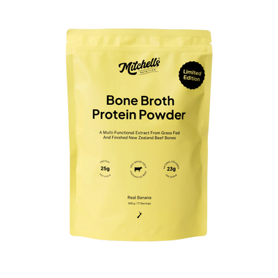A Supplement pouch with the name Bone Broth Protein Powder (Real Banana) by Mitchell's Nutrition. 