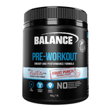 A Supplement container with the name Pre-Workout by Balance.