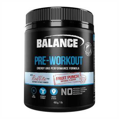 A Supplement container with the name Pre-Workout by Balance.