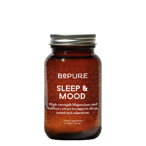 Image of a brown bottle that says bepure sleep and mood high strength magnesium and saffron extract to support sleep, mood and relaxation. Vege capsules 