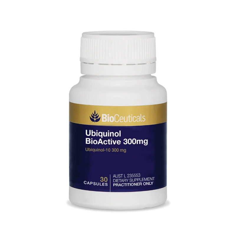 A Supplement container with the name Ubiquinol BioActive 300mg by BioCeuticals.