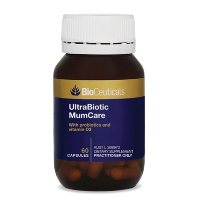 A Supplement container with the name Ultrabiotic Mumcare by BioCeuticals.