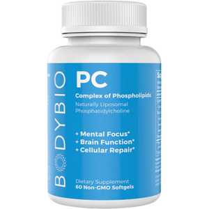 A Supplement container with the name PC - Phosphatidyl Choline (60 Softgels) by Bodybio.