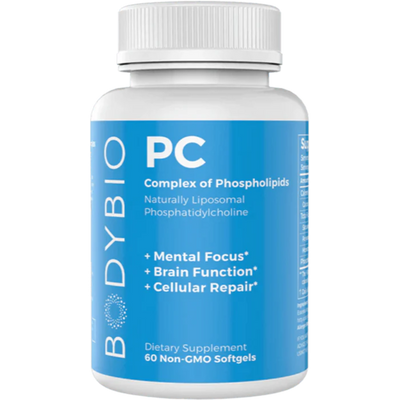 A Supplement container with the name PC - Phosphatidyl Choline (60 Softgels) by Bodybio.