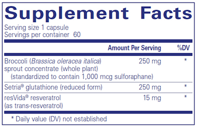 Text describing the Ingredients: Broccoli ( Brassica oleracea italica), Setria glutathione (reduced form) resVida resveratrol (as trans-resveratrol).