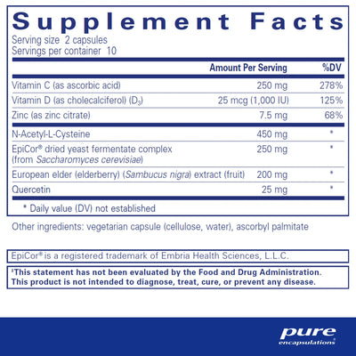 Text describing the ingredients: Vitamin A, D, Zinc, N-Acetyl-L-Cysteine, EpiCor  dried yeast fermentate complex, European elder (elderberry). 