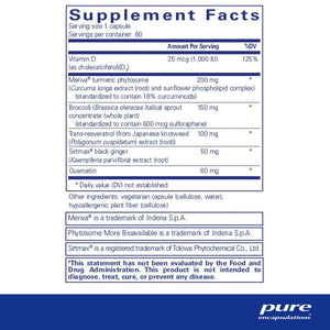 Ingredients: Vitamin D, Meriva turmeric phytosome, Broccoli, Trans-resveratrol, Sirtmax, Quercetin.