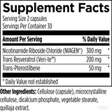 Text describing the ingredients: Nicotinamide Riboside Chloride, Trans Resveratrol, Trans- Pterostilbene