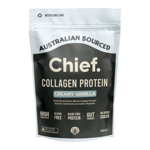 Image of a supplement packet which says australian sourced chief collagen protein creamy vanila grass fed australian bovine collgen powder sourced, hydrolysed and made in australia 