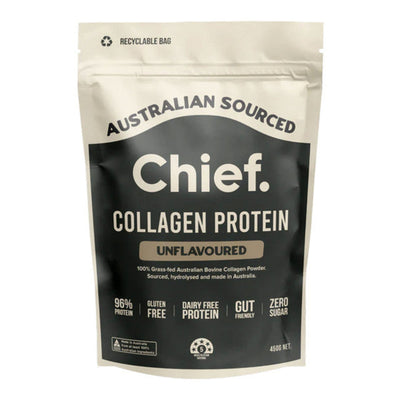 Image of Australian Sourced Chief packet which says Colagen protein unflavoured 100% Grass-fed Australian Bovine Collagen Powder Sourced, hydrolysed and made in australia 96% protein, Gluten free, Dairy free protein, gut friendly, zero sugar 
