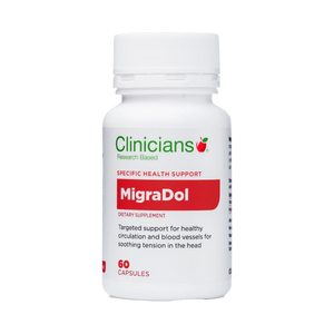 A Supplement container with the name MigraDol by Clinicians 