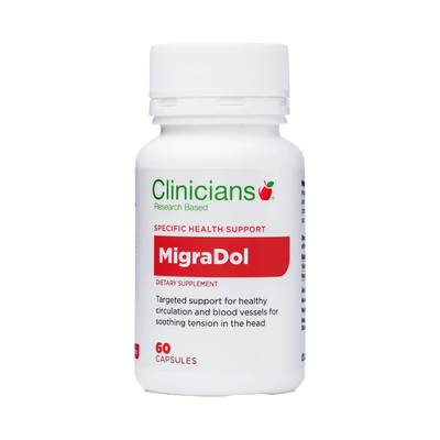 A Supplement container with the name MigraDol by Clinicians 
