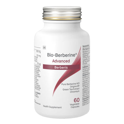 Image of white bottle that says bio-berberine advanced berberis pure berberine HCI Origine 8 Green tea extract chromium 60 veg caps 
