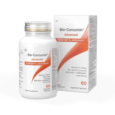 image of a white box that says bio-curcumin advanced BCM-95 and AKBAMAX delivers 7xmore bio-active curcumin BCM-95 + AKBAMAX Fast acting health supplement 60 vegetable 
 capsules 