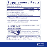 Ingredients: Meriva turmeric phytosome (Curcuma longa extract (root) and sunflower phospholipid complex) (standardized to contain 18% curcuminoid)