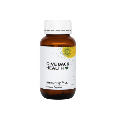Image of a white suppelment bottle that says Give Back health immunity plus 60 vege capsules 