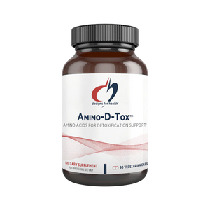 A white suppelment bottle that says designs for health Amino-D-Tox Amino acids for dextoxification support 90 vegetarian caps