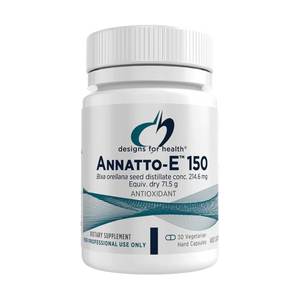 Image of a white supplement bottle that says desigsn for health annatto-e 150 bixa orellana seed distillate conc. 214.6mg equv. dry 71.5g antioxidant dietary supplement 30 vegetarian hard capsules 