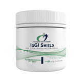 Jar of IgGI Shield protein powder with 'Designs for Health' branding on a white background