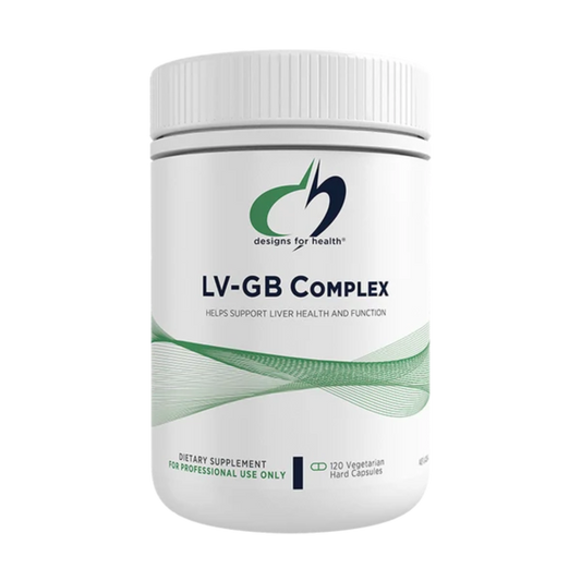 A Supplement container with the name LV-GB Complex by Designs for Health