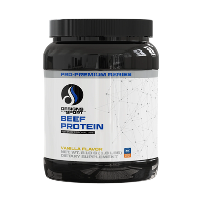 A Supplement container with the name Beef Protein (Vanilla Flavor) by Designs for Sport.