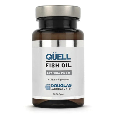 A Supplement container with the name Quell Fish Oil EPA/DHA Plus D by Douglas Laboratories.