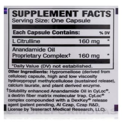 Ingredients: L Citrulline, Anandamide Oil Proprietary complex.