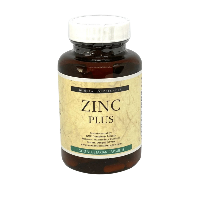 A Supplement container with the name Zinc Plus by Metabolic Maintennce.