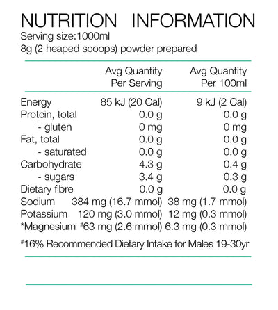 Text describing the ingredients: Dried Coconut Water Powder (53%), Mineral Salts (Sodium Citrate, Magnesium Lactate, Sodium Chloride, Calcium Citrate), Acidity Regulator (Citric Acid), Lemon Juice Powder (6%)* (Lemon Juice, Tapioca Dextrin), Natural Flavour, Natural Stevia Sweetener (Steviol Glycosides), Antioxidant (Ascorbic Acid) (*equivalent to 40% as fresh lemon juice).