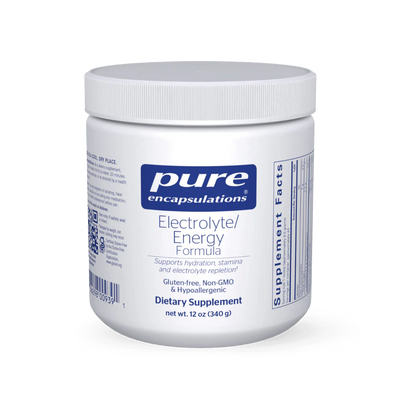 A Supplement container with the name Electrolyte/Energy Formula by Pure Encapsulations.